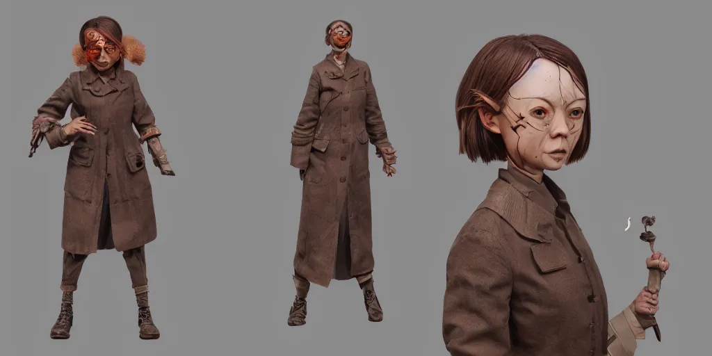 Image similar to girl with a wooden face, character sheet, concept design, contrast, hot toys, kim jung gi, greg rutkowski, zabrocki, karlkka, jayison devadas, trending on artstation, 8 k, ultra wide angle, pincushion lens effect