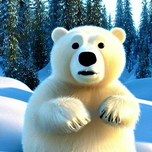 Prompt: pixar still, polar bear, cute polar bear,located in the forest