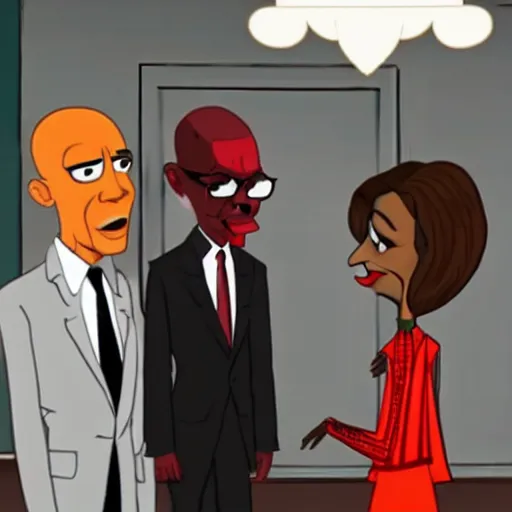 Image similar to a screenshot of Barack Obama meeting Walter White in Hazbin Hotel (2019)