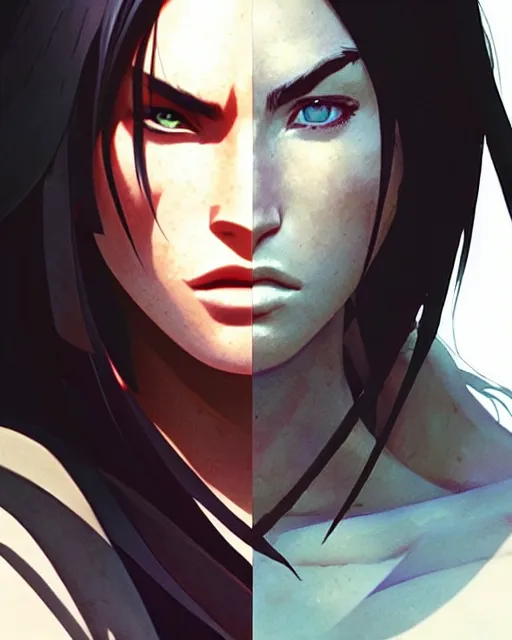 Image similar to azctec warrior, megan fox, detailed perfect face, exquisite details, fire magic, mid view, design on a white background, by studio muti, greg rutkowski makoto shinkai takashi takeuchi studio ghibli