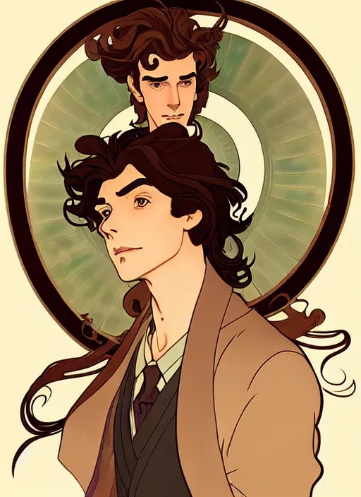 Image similar to art nouveau portrait of a handsome young man with curly medium length very messy light brown hair, brown eyes, aloof, serious expression, t - shirt, natural lighting, path traced, highly detailed, high quality, cartoon, digital painting, by don bluth and ross tran and studio ghibli and alphonse mucha