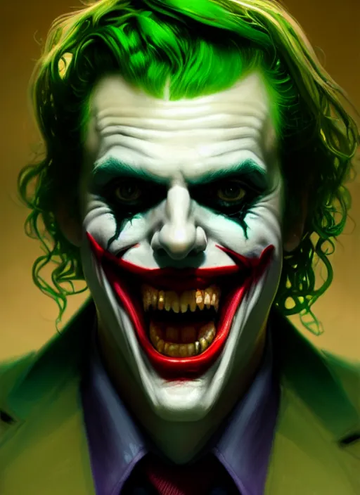 Image similar to portrait of the joker, green hair, intricate, elegant, glowing lights, highly detailed, digital painting, artstation, concept art, sharp focus, illustration, art by wlop, mars ravelo and greg rutkowski