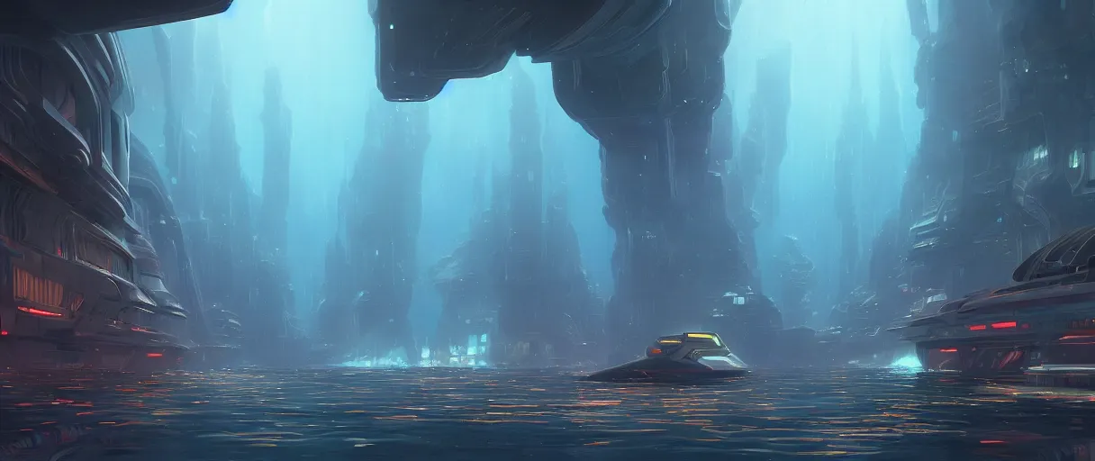 Image similar to digital painting of an underwater sci-fi city, style of Ralph Mcquarrie, concept art, high angle, high detail, cold lighting, dark, vivid, beautiful, caustics, trending on artstation, by Jordan grimmer, no focus, huge scene