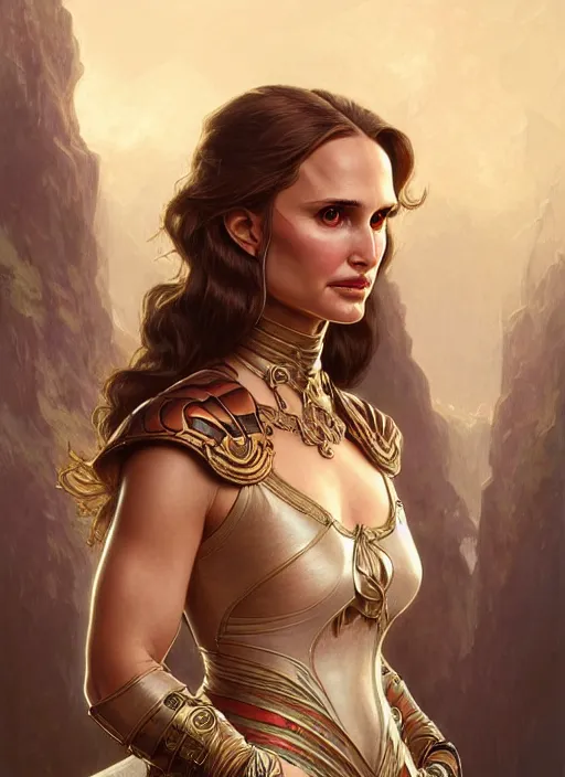 Image similar to portrait of he - woman, d & d, natalie portman! fantasy, intricate, elegant, highly detailed, digital painting, artstation, concept art, smooth, sharp focus, illustration, art by artgerm and greg rutkowski and alphonse mucha