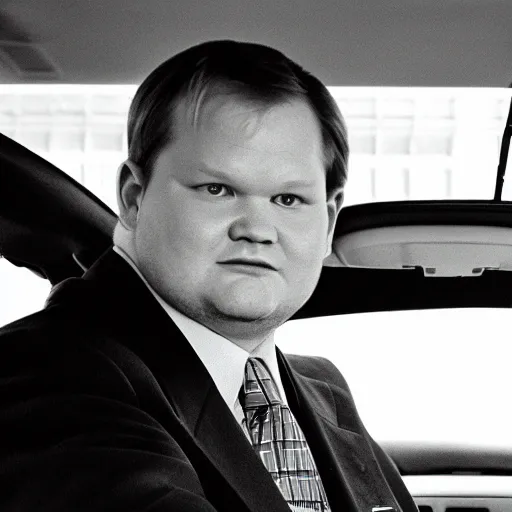 Image similar to 1 9 9 8 andy richter wearing a black wool coat and necktie in his car driving through the streets of chicago at night, point of view from back seat of car, warm, cozy, safe atmosphere