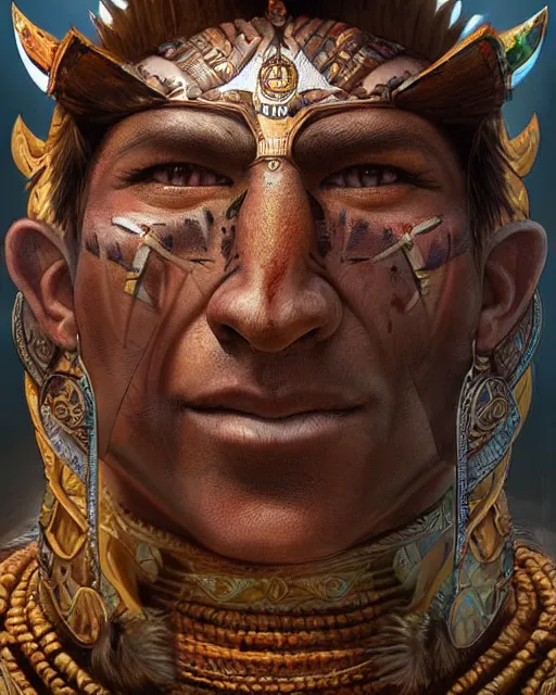 Image similar to digital painting of a mayan warrior by filipe pagliuso and justin gerard, symmetric, fantasy, highly detailed, realistic, intricate, portrait, sharp focus