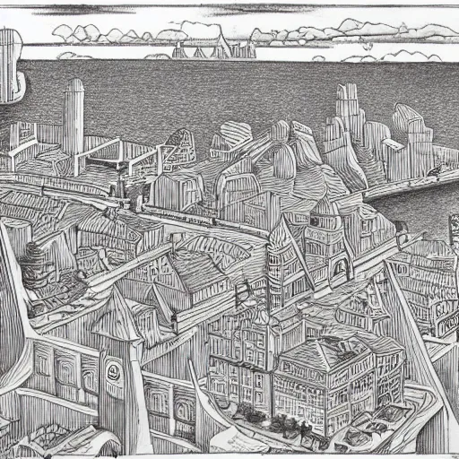 Prompt: a city by the river, drawing by m. c. escher