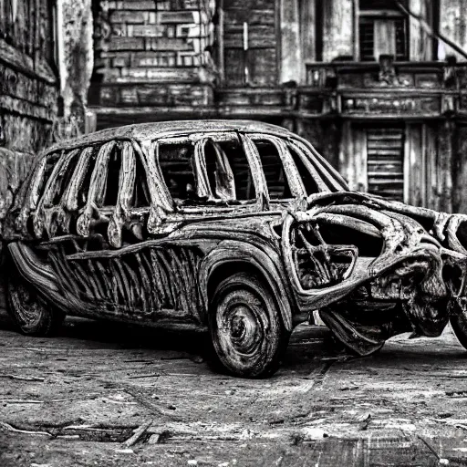 Prompt: Lada car made of bones and guts, horror, Beksinsky, Giger