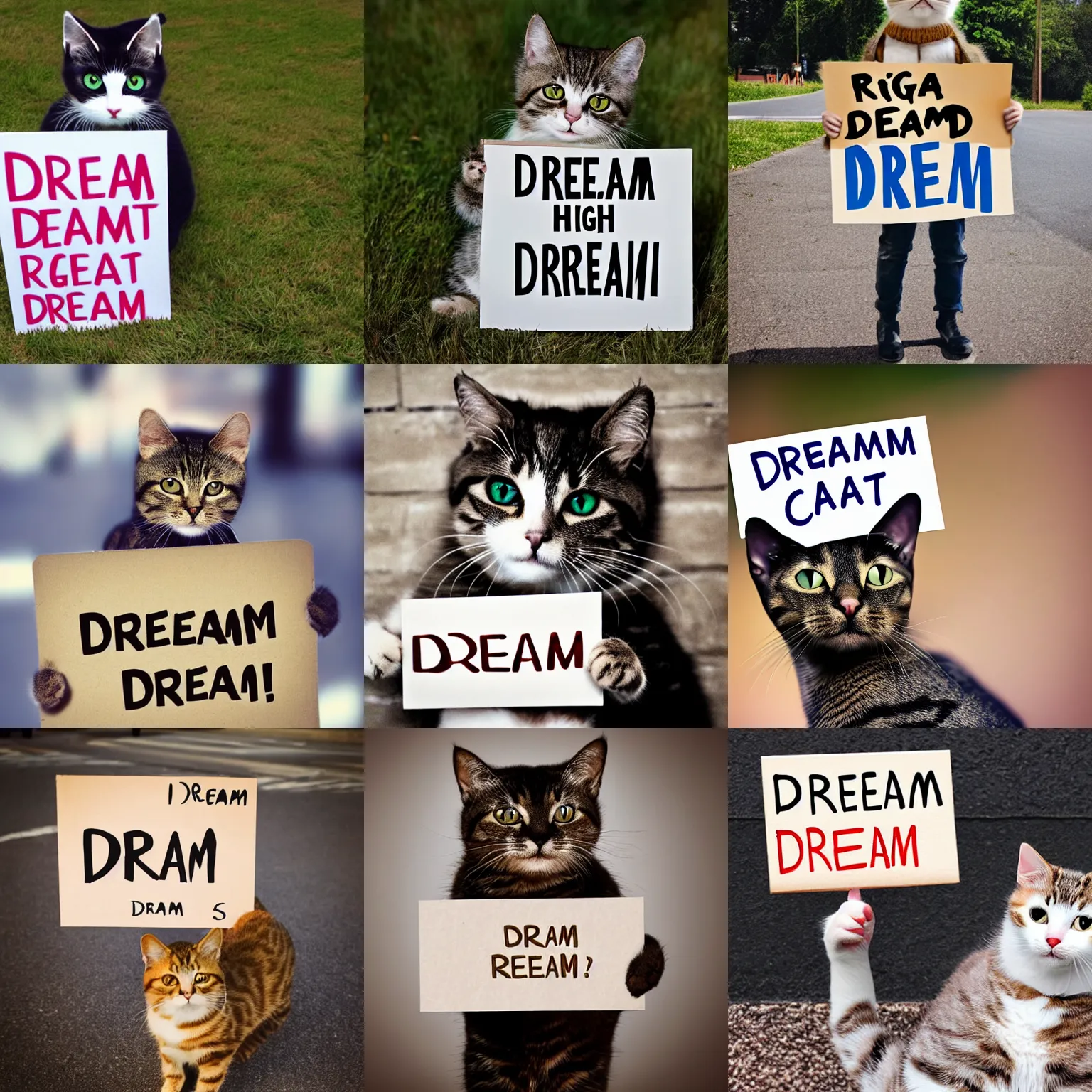 Image similar to realistic high quality photo of a cute cat holding a sign with text that reads : dream cat