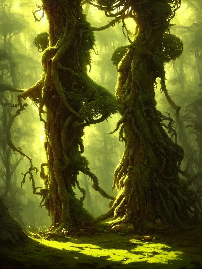 Prompt: great fat tree with a moss in the woods by bayard wu, anna podedworna, gaston bussiere, greg rutkowski