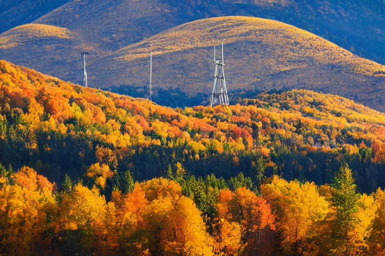 Image similar to a mountain with a radio tower next to a pond, autumn hills in background. telephoto lens photography.