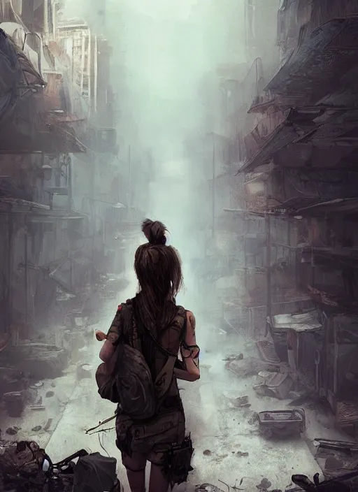 Image similar to portrait of a survivalist woman in a post apocalyptic city at dawn, beautiful intricate digital concept art trending on artstation, soft light