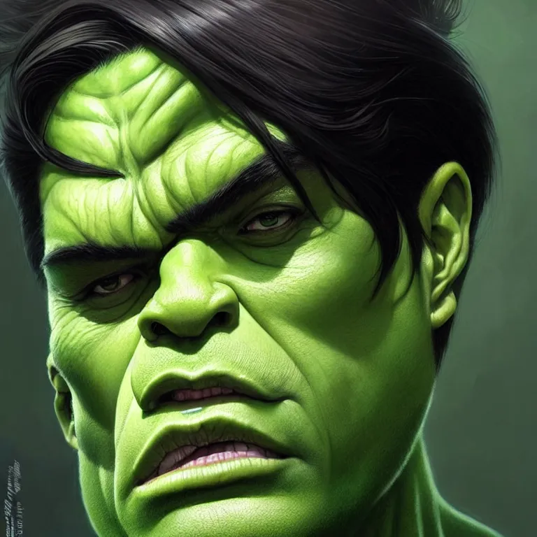 Image similar to portrait of gender neutral hulk, black hair, green eyes, elegant, real life skin, intricate artwork, high detailed, artstation, concept art, smooth, sharp focus, art by artgerm and greg rutkowski @ ruprechy