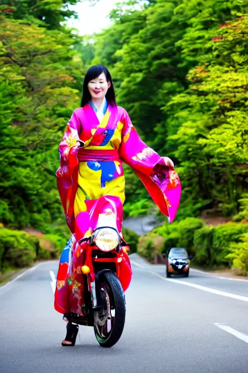 Image similar to full - length photo, young woman, riding a motorcycle, wearing japanese kimono, high heels, 4 k, colourful