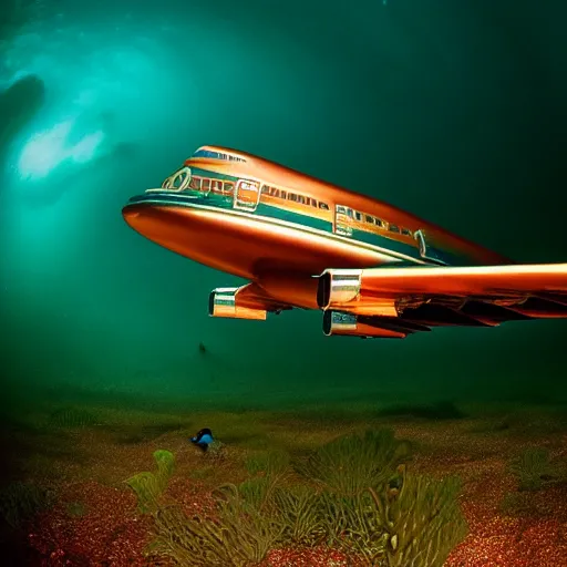 Image similar to dreamlike film photography of a 1880s art nouveau Boeing 747 made of copper at night underwater in front of colourful underwater clouds by Kim Keever. In the foreground floats a seasnake. low shutter speed, 35mm
