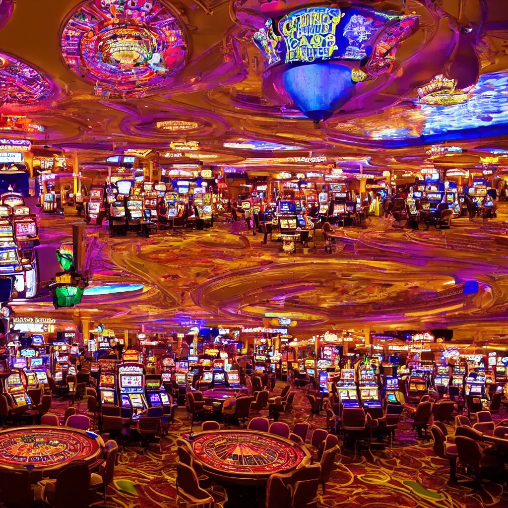 Image similar to inside a casino, fruit machines, chandeliers, lights and colors, realistic