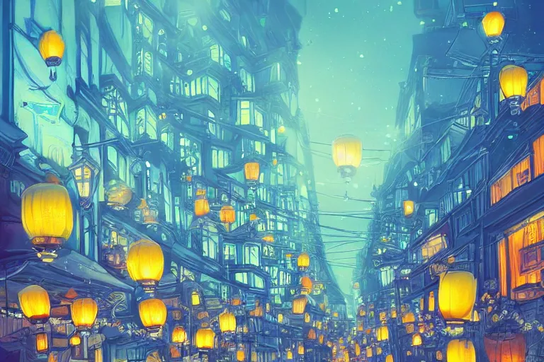 Image similar to a beautiful city full of glowing lanterns at night, by temmie chang, digital art, trending on artstation, rule of thirds, detailed, cinematic