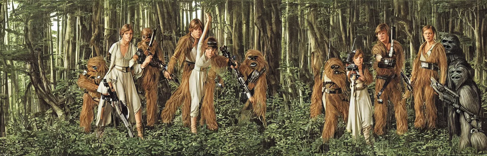 Image similar to luke skywalker, princess leia and han solo meet the ewoks in the forest of endor, in return of the jedi, a masterful painting by sandro botticelli