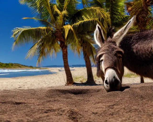 Image similar to realistic photo of a donkey sunbathing at the beach, 8k resolution