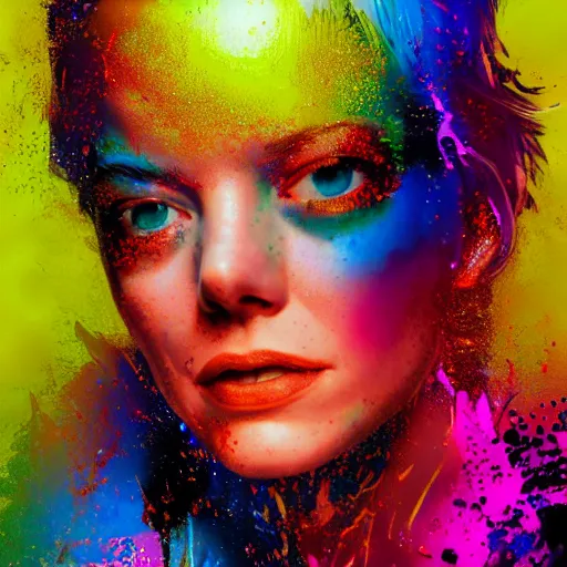 Prompt: portrait of emma stone made out of exploding paint, punk rock women, short blond hair, octane render, highly detailed, realistic, beautiful, splashes of neon, comic book art