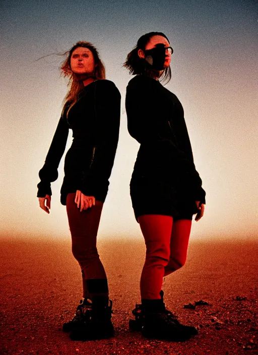 Image similar to cinestill 5 0 d photographic portrait of two loving female androids wearing rugged black techwear on a desolate plain with a red sky, extreme closeup, lizard on ground, cyberpunk style, in front of a brutalist dark metal facility, dust storm, 3 5 mm, 8 k, hd, f / 3 2, high resolution, ultra realistic faces