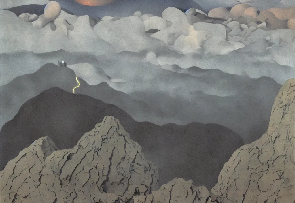 Prompt: shy mountain summit taking a peek through the clouds, fog, with curious eyes. old wooden antigravitational archaic yarn spindle fork. iridescence glowing. painting by yves tanguy, felix vallotton, rene magritte, max ernst, monet