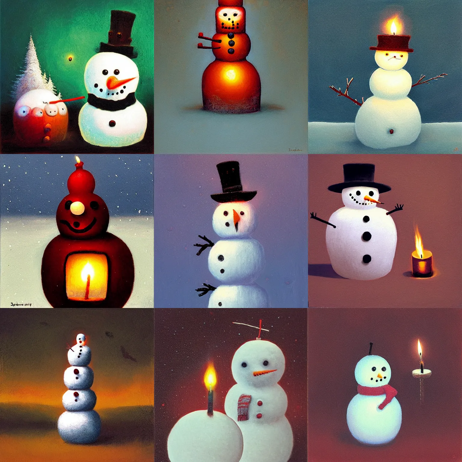 Prompt: candle snowman by shaun tan