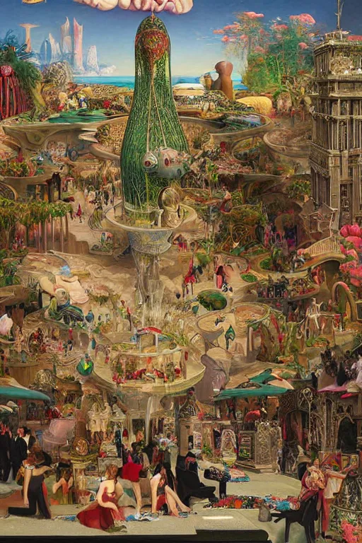 Prompt: an airbrush painting of an elaborate hidden object scene inside mirage casino on the las vegas strip by destiny womack, gregoire boonzaier, harrison fisher, richard dadd