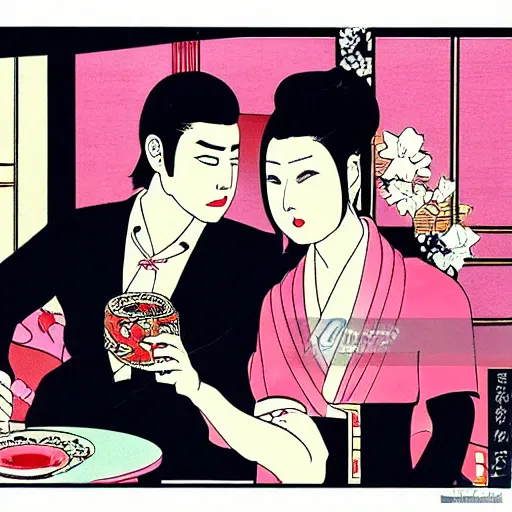 Image similar to Japanese beauty wrapped in a snake having tea with her husband by Toshio Saeki, high detailed