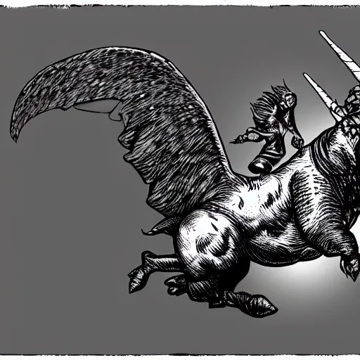 Image similar to winged flying pig with unicorn horn, richard corben style, black and white, stipple