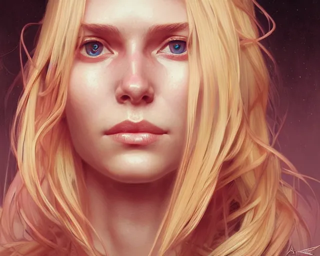 Image similar to portrait of blonde girl with mutiple heads, jump suit, vivid eyes, real life skin, intricate, elegant, highly detailed, artstation, concept art, smooth, sharp focus, art by artgerm and greg rutkowski and alphonse mucha