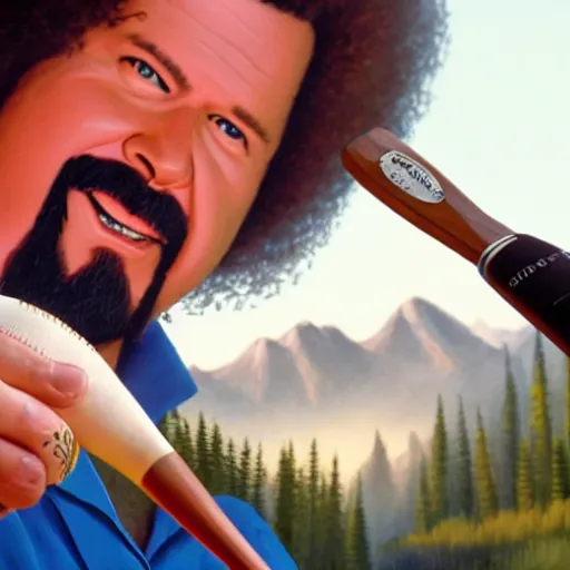 Image similar to a closeup photorealistic photograph of bob ross working on an image of kenny powers autographing a baseball on a canvas. mountains and trees. film still. brightly lit scene. this 4 k hd image is trending on artstation, featured on behance, well - rendered, extra crisp, features intricate detail, epic composition and the style of unreal engine.