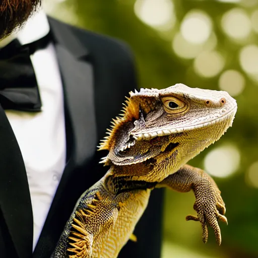 Image similar to dslr portrait still of a bearded dragon wearing a top hat and bow tie, 8 k 8 5 mm f 1. 4