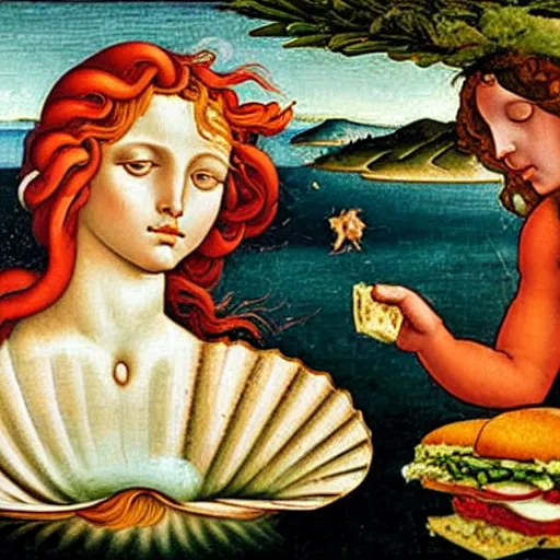 Image similar to birth of venus boticelli. emergeing from a sandwich. venus emerging from sandwich.