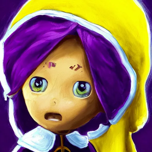 Prompt: little boy wearing nun outfit, blonde hair. purple and yellow color palate, detailed soft painting, made in abyss art style, anatomically correct