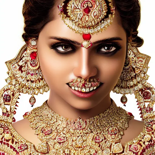 Image similar to portrait of hindi princess with diamond jewelry, ornate, 8 k, gorgeous, intricate, detailed, glowing white accent lighting, dramatic lighting, octane render