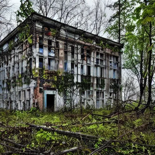 Image similar to an abandoned hospital overgrown and reclaimed by nature, Russian abandoned hospital