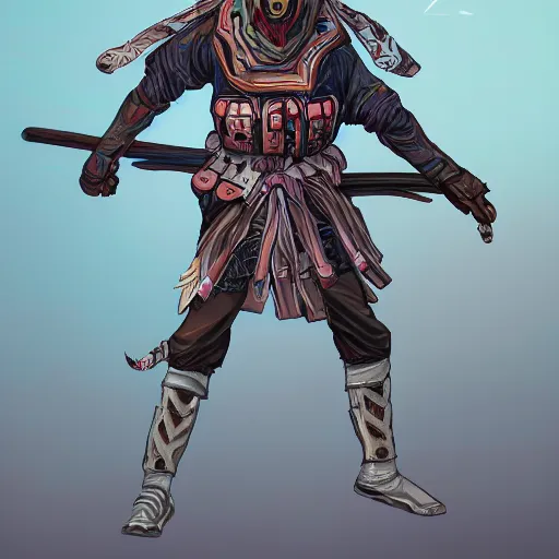 Prompt: a disco elysium character art of a ronin warrior with spirit sense, aesthetic, surreal, pale colors, high detail, wide angle, trending on artstation,