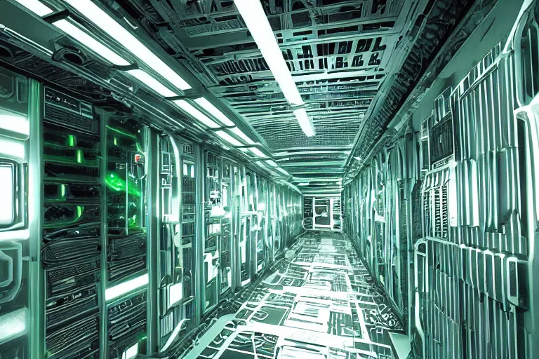 Image similar to parallax datacenter server room interior single mono colossus green rusty android robosaurus cyborg artstation cinematic detailed concept art sharp coherent cgsociety symmetric perfect well balanced shadows lotr supercomputer starwars