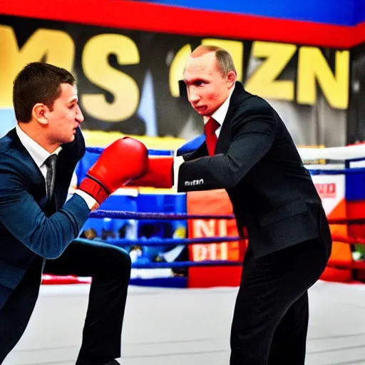 Prompt: a boxing fight between Volodymyr Zelensky and Vladimir Putin. Good light. Blurred background