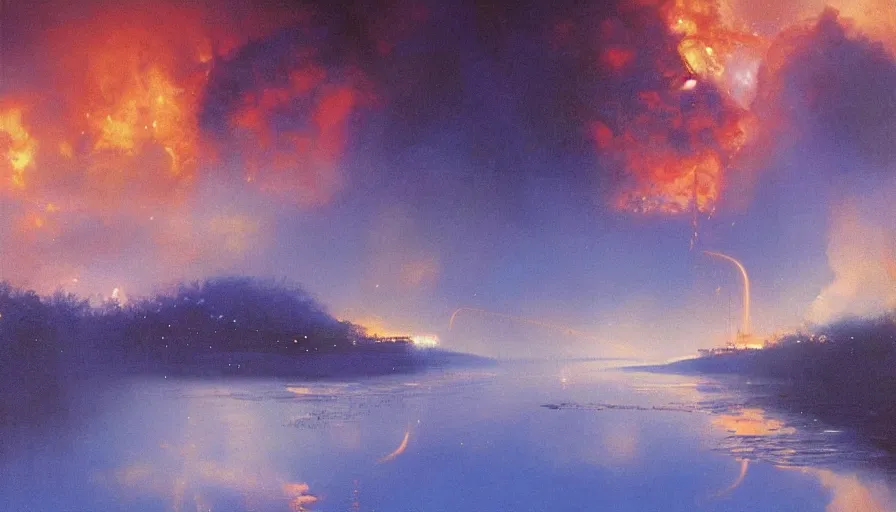 Prompt: river of blue fire, intricate detailed painting, john harris