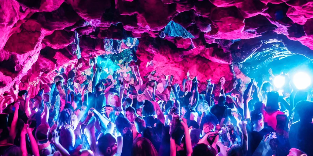 Image similar to cinematic shot of a goth disco nightclub in a cave, sphere of knives made of pink lasers and blue crystals, people dancing, 8k photo, award winning, masterpiece