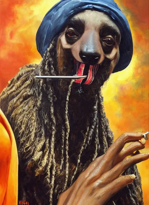 Image similar to ultra realistic portrait painting of snoop dogg as a sloth smoking a lit joint, art by frank frazetta, 4 k, ultra realistic, highly detailed, epic lighting