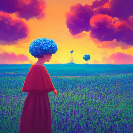 Image similar to girl with a giant carnation head, surreal photography, flower field, sunset dramatic light, impressionist painting, colorful clouds, blue sky, digital painting, artstation, simon stalenhag