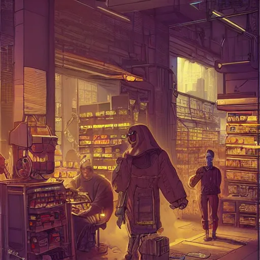 Image similar to cyberpunk merchant in their shop, Industrial Scifi, detailed illustration, Chiaroscuro, character art, by Martin Grip and Moebius