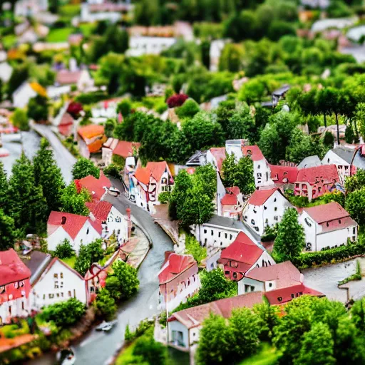 Prompt: a cute Swedish village, tilt-shift photograph, extremely detailed