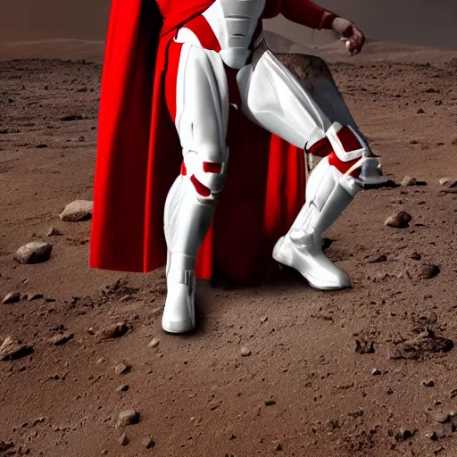 Image similar to tall muscular infantry man in glossy sleek white armor with a few red details and a long red cape, heroic posture, on the surface of mars, night time, dramatic lighting, cinematic, sci-fi, hyperrealistic, movie still