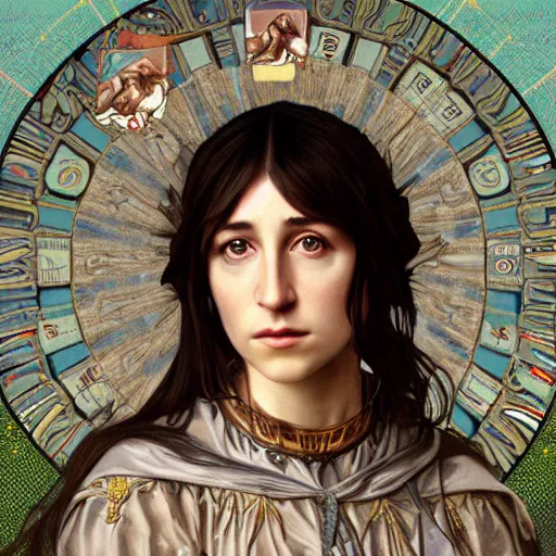 Image similar to portrait of charlotte gainsbourg as joan of arc, hyperreal digital painting, iconography influenced by alphonse mucha and eugene delacroix, arstation and deviantart trends, high resolution 8 k