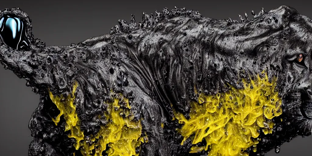 Image similar to a black lioness made of ferrofluid bathing inside the bathtub full of tar, covered with black goo, covered with slime, drooling ferrofluid. dslr, photography, realism, animal photography, color, modern bathroom, hyper realistic, 8 k resolution, v - ray, 3 d render