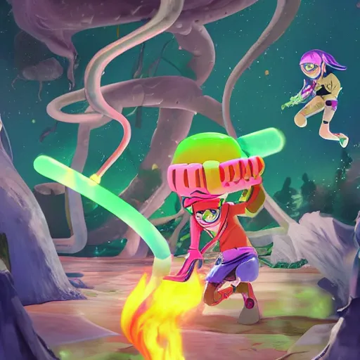 Image similar to cuate anime splatoon a humanoide with tentacles alien in the pine forest with his spaceship on fire